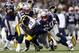 Nov 3, 2013; Foxborough, MA, USA; Pittsburgh Steelers running back Felix Jones (23) is tackled by New England Patriots linebacker Dont'a Hightower (54) and safety Steve Gregory (28) during the second quarter at Gillette Stadium. Mandatory Credit: Greg M. Cooper-USA TODAY Sports
