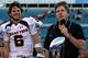 JACKSONVILLE, FL - JANUARY 01: Coach Mike Leach and Graham Harrell #6 of the Texas Tech Red Raiders speak to the crowd during the trophy presentation following Gator Bowl against the Virginia Cavaliers at Jacksonville Municipal Stadium on January 1, 2008 in Jacksonville, Florida. (Photo by Sam Greenwood/Getty Images)