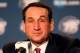 INDIANAPOLIS, IN - MARCH 31: Head coach Mike Krzyzewski of the Duke Blue Devils looks on at his post game press conference after they lost 85-63 against the Louisville Cardinals during the Midwest Regional Final round of the 2013 NCAA Men's Basketball Tournament at Lucas Oil Stadium on March 31, 2013 in Indianapolis, Indiana. (Photo by Andy Lyons/Getty Images)