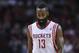 Nov 9, 2013; Houston, TX, USA; Houston Rockets shooting guard James Harden (13) reacts after a play during the fourth quarter against the Los Angeles Clippers at Toyota Center. Mandatory Credit: Troy Taormina-USA TODAY Sports
