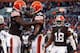 CLEVELAND, OH - NOVEMBER 03: Wide receiver Davone Bess #15 of the Cleveland Browns celebrates after scoring a touchdown with teammates Josh Gordon #12 and Greg Little #18 against the Baltimore Ravens at FirstEnergy Stadium on November 3, 2013 in Cleveland, Ohio. (Photo by Matt Sullivan/Getty Images)