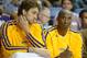 Oct 8, 2013; Ontario, CA, USA; Los Angeles Lakers forward Pau Gasol (left) and guard Kobe Bryant react during the game against the Denver Nuggets at Citizens Business Bank Arena. The Lakers defeated the Nuggest 90-88. Mandatory Credit: Kirby Lee-USA TODAY Sports