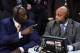 Feb 16, 2013; Houston, TX, USA; TNT broadcaster Shaquille O'Neal (left) and Charles Barkley talk during the 2013 NBA All-Star slam dunk contest at the Toyota Center. Mandatory Credit: Bob Donnan-USA TODAY Sports