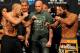 Nov 15, 2013; Las Vegas, NV, USA; UFC 167 Welterweight challenger Georges St. Pierre (left) and welterweight champion Johny Hendricks pose for photographs with UFC president Dana White during the official weigh-in of UFC 167 at MGM Grand Garden Arena. Mandatory Credit: Stephen R. Sylvanie-USA TODAY Sports
