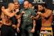 Nov 15, 2013; Las Vegas, NV, USA; UFC 167 Welterweight challenger Georges St. Pierre (left) and welterweight champion Johny Hendricks pose for photographs with UFC president Dana White during the official weigh-in of UFC 167 at MGM Grand Garden Arena. Mandatory Credit: Stephen R. Sylvanie-USA TODAY Sports