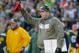 Nov 10, 2013; Green Bay, WI, USA; Green Bay Packers head coach Mike McCarthy challenges a ruling in the fourth quarter against the Philadelphia Eagles at Lambeau Field. The Eagles won 27-13. Mandatory Credit: Benny Sieu-USA TODAY Sports