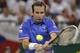 BELGRADE, SERBIA - NOVEMBER 17: Radek Stepanek of Czech Republic plays a backhand during the men's singles match between Dusan Lajovic of Serbia and TRadek Stepanek of Czech Republic on day three of the Davis Cup World Group Final between Serbia and Czech Republic at Kombank Arena on November 17, 2013 in Belgrade, Serbia. (Photo by Srdjan Stevanovic/Getty Images)