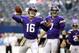 Nov 3, 2013; Arlington, TX, USA; Minnesota Vikings quarterback Matt Cassel (16) and quarterback Christian Ponder (7) during warmups before the game against the Dallas Cowboys at AT&T Stadium. Mandatory Credit: Tim Heitman-USA TODAY Sports
