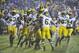Nov 16, 2013; Evanston, IL, USA; The Michigan Wolverines celebrate their overtime win against the Northwestern Wildcats at Ryan Field. The Michigan Wolverines defeated the Northwestern Wildcats 27-19 in triple overtime. Mandatory Credit: David Banks-USA TODAY Sports