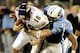 12 NOV 2001: Baltimore Raven quarterback Elvis Grbac, #16 is sacked by Tennessee Titan defender Frank Chamberlin, #57 during the first half at Adelphia Coliseum in Nashville, Tennessee. DIGITAL IMAGE. Mandatory Credit: Scott Halleran/ALLSPORT