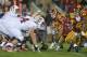 Nov 16, 2013; Los Angeles, CA, USA; General view of the line of scrimmage as Stanford Cardinal center Khalil Wilkes snaps the ball at the line of scrimmage against the Southern California Trojans at Los Angeles Memorial Coliseum. Mandatory Credit: Kirby Lee-USA TODAY Sports