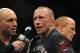Nov 16, 2013; Las Vegas, NV, USA; Georges St-Pierre is interviewed by Joe Rogan after his welterweight championship bout against Johny Hendricks during UFC 167 at MGM Grand Garden Arena. Mandatory Credit: Stephen R. Sylvanie-USA TODAY Sports