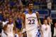 Nov 8, 2013; Lawrence, KS, USA; Kansas Jayhawks guard Andrew Wiggins (22) celebrates after scoring during the second half of the game against the Louisiana Monroe Warhawks at Allen Fieldhouse. Kansas won 80 - 63. Mandatory Credit: Denny Medley-USA TODAY Sports
