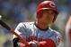July 28, 2013; Los Angeles, CA, USA; Cincinnati Reds center fielder Shin-Soo Choo (17) on deck before hitting in the eighth inning against the Los Angeles Dodgers at Dodger Stadium. Mandatory Credit: Gary A. Vasquez-USA TODAY Sports