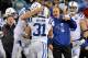 NASHVILLE, TN - NOVEMBER 14: Quarterback Andrew Luck #12 and head coach Chuck Pagano of the Indianapolis Colts congratulate teammate Donald Brown #31 on scoring a touchdown against the Tennessee Titans at LP Field on November 14, 2013 in Nashville, Tennessee. (Photo by Frederick Breedon/Getty Images)