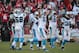 November 10, 2013; San Francisco, CA, USA; Carolina Panthers middle linebacker Luke Kuechly (59) celebrates with his teammates after an interception by cornerback Drayton Florence (29, not pictured) during the fourth quarter against the San Francisco 49ers at Candlestick Park. The Panthers defeated the 49ers 10-9. Mandatory Credit: Kyle Terada-USA TODAY Sports
