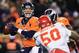 DENVER, CO - NOVEMBER 17: Quarterback Peyton Manning #18 of the Denver Broncos drops back to pass as tackle Orlando Franklin #74 of the Denver Broncos blocks outside linebacker Justin Houston #50 of the Kansas City Chiefs at Sports Authority Field at Mile High on November 17, 2013 in Denver, Colorado. The Broncos defeated the Chiefs 27-17. (Photo by Doug Pensinger/Getty Images)