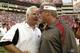 TAMPA, FL - SEPTEMBER 14: Coach Mike Smith of the Atlanta Falcons meets coach Jon Gruden of the Tampa Bay Buccaneers at Raymond James Stadium on September 14, 2008 in Tampa, Florida. (Photo by Al Messerschmidt/Getty Images)