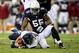 Nov 10, 2013; Phoenix, AZ, USA; Arizona Cardinals outside linebacker John Abraham (55) sacks Houston Texans quarterback Case Keenum (7) during the game at University of Phoenix Stadium. Arizona won 27-24. Mandatory Credit: Kevin Jairaj-USA TODAY Sports