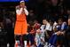 NEW YORK, NY - NOVEMBER 16: Carmelo Anthony #7 of the New York Knicks reacts after the game against the Atlanta Hawks at Madison Square Garden on November 16, 2013 in New York City. The Hawks defeat the Knicks 110-90. NOTE TO USER: User expressly acknowledges and agrees that, by downloading and/or using this photograph, user is consenting to the terms and conditions of the Getty Images License Agreement. (Photo by Maddie Meyer/Getty Images)