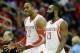 HOUSTON, TX - NOVEMBER 11: Dwight Howard #12 and James Harden #13 of the Houston Rockets walk off the court during the game against the Toronto Raptors at Toyota Center on November 11, 2013 in Houston, Texas. NOTE TO USER: User expressly acknowledges and agrees that, by downloading and or using this photograph, User is consenting to the terms and conditions of the Getty Images License Agreement. (Photo by Scott Halleran/Getty Images)