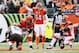 Nov 17, 2013; Cincinnati, OH, USA; Cincinnati Bengals quarterback Andy Dalton (14) calls signals during the game against the Cleveland Browns at Paul Brown Stadium. Cincinnati won 41-20. Mandatory Credit: Kevin Jairaj-USA TODAY Sports