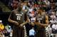 NASHVILLE, TN - MARCH 16: Youssou Ndoye #21 of the St. Bonaventure Bonnies talks with teammate Charlon Kloof #3 of the St. Bonaventure Bonnies against the Florida State Seminoles during the second round of the 2012 NCAA Men's Basketball Tournament at Bridgestone Arena on March 16, 2012 in Nashville, Tennessee. (Photo by Kevin C. Cox/Getty Images)