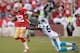 SAN FRANCISCO, CA - NOVEMBER 10: Mario Manningham #82 of the San Francisco 49ers pushes away from would be tackler Thomas Davis #58 of the Carolina Panthers during the fourth quarter at Candlestick Park on November 10, 2013 in San Francisco, California. The play was called back do to an offensive pass interference on Manningham. (Photo by Thearon W. Henderson/Getty Images)