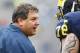 Apr 13, 2013; Ann Arbor, MI, USA; Michigan Wolverines head coach Brady Hoke talks to offensive linesman Erik Magnuson (78) during the Spring Game at Michigan Stadium. Mandatory Credit: Rick Osentoski-USA TODAY Sports
