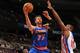 AUBURN HILLS, MI - NOVEMBER 19: Andrea Bargnani #77 of the New York Knicks drives to the basket against the Detroit Pistons on November 19, 2013 at The Palace of Auburn Hills in Auburn Hills, Michigan. NOTE TO USER: User expressly acknowledges and agrees that, by downloading and/or using this photograph, User is consenting to the terms and conditions of the Getty Images License Agreement. Mandatory Copyright Notice: Copyright 2013 NBAE (Photo by Dan Lippitt/NBAE via Getty Images)