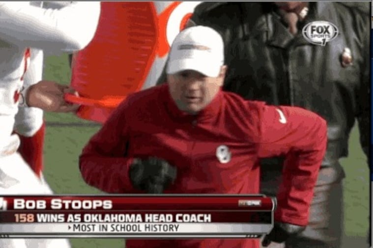 Oklahoma Head Coach Bob Stoops Runs Away from Gatorade Bath After Record Win