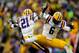 Nov 23, 2013; Baton Rouge, LA, USA; LSU Tigers safety Craig Loston (6) and defensive back Rashard Robinson (21) celebrate a stop against the Texas A&M Aggies during the first half of a game at Tiger Stadium. Mandatory Credit: Derick E. Hingle-USA TODAY Sports