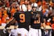 STILLWATER, OK - NOVEMBER 23: Kye Staley #9 and Clint Chelf #10 of the Oklahoma State Cowboys celebrate Staley's a first quarter touchdown against the Baylor Bears at Boone Pickens Stadium on November 23, 2013 in Stillwater, Oklahoma. (Photo by Ronald Martinez/Getty Images)