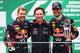 SAO PAULO, BRAZIL - NOVEMBER 24: Race winner Sebastian Vettel (L) of Germany and Infiniti Red Bull Racing, second placed team mate Mark Webber (R) of Australia and Infiniti Red Bull Racing and Infiniti Red Bull Racing Team Principal Christian Horner (C) celebrate on the podium following the Brazilian Formula One Grand Prix at Autodromo Jose Carlos Pace on November 24, 2013 in Sao Paulo, Brazil. (Photo by Paul Gilham/Getty Images)