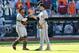 Sep 19, 2013; New York, NY, USA; San Francisco Giants relief pitcher Javier Lopez (49) and catcher Hector Sanchez (29) celebrate the win against the New York Mets at Citi Field. Giants won 2-1. Mandatory Credit: Anthony Gruppuso-USA TODAY Sports