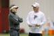 FLOWERY BRANCH, GA - MAY 04: Atlanta Falcons General Manager Thomas Dimitroff speaks with head coach Mike Smith during the Atlanta Falcons rookie mini camp on May 04, 2013 in Flowery Branch, Georgia. (Photo by Todd Kirkland/Getty Images)