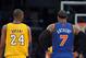Dec 29, 2011; Los Angeles, CA, USA; Los Angeles Lakers guard Kobe Bryant (24) and New York Knicks forward Carmelo Anthony (7) during the game at the Staples Center. The Lakers defeated the Knicks 99-82. Mandatory Credit: Kirby Lee/Image of Sport-USA TODAY Sports