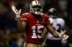 NEW ORLEANS, LA - FEBRUARY 03: Michael Crabtree #15 of the San Francisco 49ers stands on the field against the Baltimore Ravens during Super Bowl XLVII at the Mercedes-Benz Superdome on February 3, 2013 in New Orleans, Louisiana. (Photo by Ezra Shaw/Getty Images)