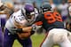 CHICAGO, IL - SEPTEMBER 15: Matt Kalil #75 of the Minnesota Vikings blocks Shea McClellin #99 of the Chicago Bears at Soldier Field on September 15, 2013 in Chicago, Illinois. The Bears defeated the Vikings 31-30. (Photo by Jonathan Daniel/Getty Images)