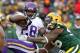 GREEN BAY, WI - NOVEMBER 24: Adrian Peterson #28 of the Minnesota Vikings is tackled by Mike Neal #96 of tyhe Green Bay Packers at Lambeau Field on November 24, 2013 in Green Bay, Wisconsin. The Vikings and the Packers tied 26-26 after overtime.(Photo by Jonathan Daniel/Getty Images)