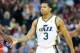 Nov 25, 2013; Salt Lake City, UT, USA; Utah Jazz point guard Trey Burke (3) reacts during overtime against the Chicago Bulls at EnergySolutions Arena. The Jazz won 89-83 in overtime. Mandatory Credit: Russ Isabella-USA TODAY Sports