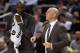 Nov 26, 2013; Toronto, Ontario, CAN; Brooklyn Nets head coach Jason Kidd reacts as forward Kevin Garnett (2) looks on against the Toronto Raptors at Air Canada Centre. The Nets beat the Raptors 102-100. Mandatory Credit: Tom Szczerbowski-USA TODAY Sports