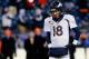 FOXBORO, MA - NOVEMBER 24: Quarterback Peyton Manning #18 of the Denver Broncos warms up prior to a game against the New England Patriots at Gillette Stadium on November 24, 2013 in Foxboro, Massachusetts. (Photo by Jim Rogash/Getty Images)