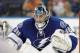 Nov 25, 2013; Tampa, FL, USA; Tampa Bay Lightning goalie Ben Bishop (30) during the first period against the New York Rangers at Tampa Bay Times Forum. Mandatory Credit: Kim Klement-USA TODAY Sports