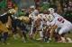 SOUTH BEND, IN - OCTOBER 13: Members of the Notre Dame Fighting Irish defensve ready to play against the offense of the Standford Cardinal at Notre Dame Stadium on October 13, 2012 in South Bend, Indiana. Notre Dame defeated Stanford 20-13 in overtime. (Photo by Jonathan Daniel/Getty Images)