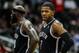 Jan 16, 2013; Atlanta, GA, USA; Brooklyn Nets shooting guard Joe Johnson (7) reacts during a time out in the second half against the Atlanta Hawks at Philips Arena. The Hawks won 109-95. Mandatory Credit: Daniel Shirey-USA TODAY Sports