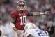 November 24, 2012; Tuscaloosa, AL, USA; Alabama Crimson Tide quarterback A.J. McCarron (10) points out the defense against the Auburn Tigers during the second quarter at Bryant Denny Stadium. Mandatory Credit: John David Mercer-USA TODAY Sports