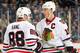 WINNIPEG, MB - NOVEMBER 21: Patrick Kane #88 and Jonathan Toews #19 of the Chicago Blackhawks discuss strategy during first period action against the Winnipeg Jets at the MTS Centre on November 21, 2013 in Winnipeg, Manitoba, Canada. (Photo by Jonathan Kozub/NHLI via Getty Images)