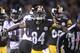 PITTSBURGH, PA - OCTOBER 20: Antonio Brown #84 of the Pittsburgh Steelers celebrates after his first down catch put the Steelers in position for the game-winning field goal against the Baltimore Ravens during the fourth quarter at Heinz Field on October 20, 2013 in Pittsburgh, Pennsylvania. (Photo by Vincent Pugliese/Getty Images)