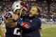 Nov 3, 2013; Foxborough, MA, USA; New England Patriots running back Stevan Ridley (22) is congratulated after his touchdown by head coach Bill Belichick in the second half at Gillette Stadium. The Patriots defeated the Steelers 55-31. Mandatory Credit: David Butler II-USA TODAY Sports